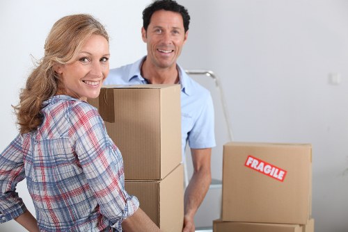 Packed office equipment and labelled boxes prepared for Rushgreen office relocation